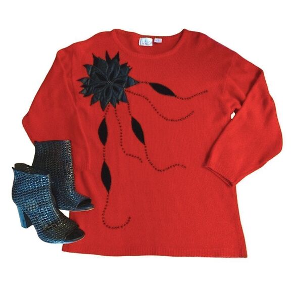 VTG 80s Red Black Floral Silk Beaded Rabbit Hair Lambswool Knit Sweater Large - Picture 1 of 12